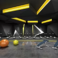 Modern Gym Interior With Yellow Accent Lighting Elliptical Machines And Fitness Balls