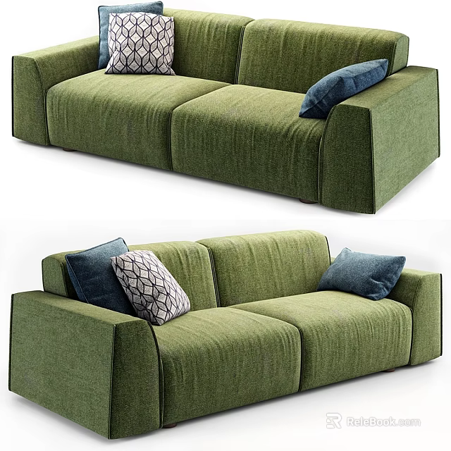 Green Sofa With Blue And Patterned Pillows In Modern Living Room Interior 3d model