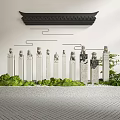 Traditional Chinese Garden Ornament With Stone Pillars Carved Figures Green Plants Lantern And Herringbone Floor