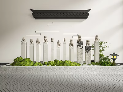 Traditional Chinese Garden Ornament With Stone Pillars Carved Figures Green Plants Lantern And Herringbone Floor 3d model