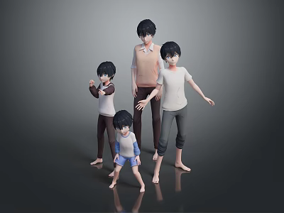 Four 3D Characters In Various Sizes With Simple Clothing And Standing Poses On Gray Background 3d model