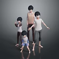 Four 3D Characters In Various Sizes With Simple Clothing And Standing Poses On Gray Background