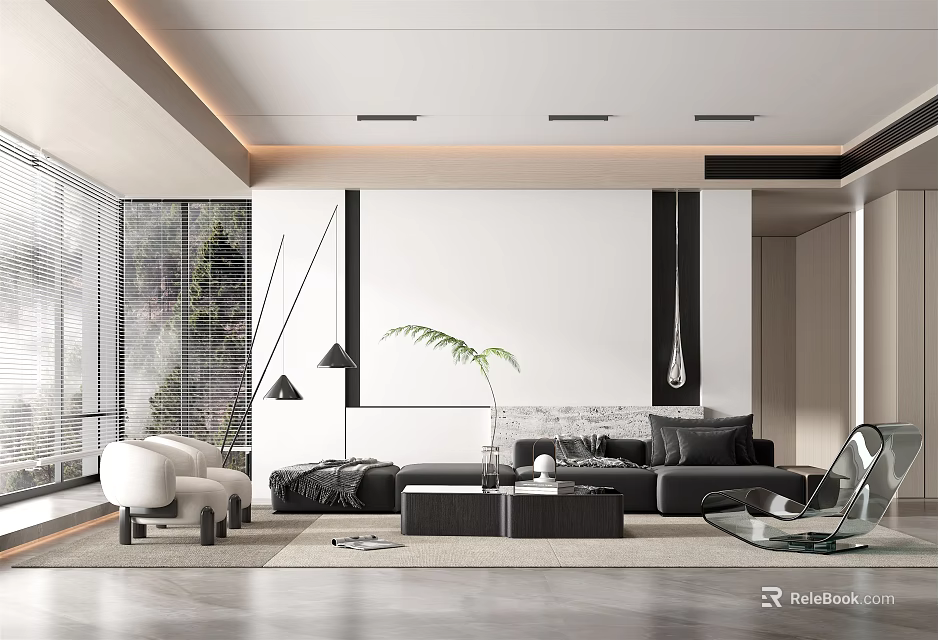 Modern Living Room Interior With Black Sofa Glass Coffee Table And Floor Lamp 3d model 