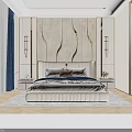 Modern Bedroom Interior Design With Wavy Accent Wall Upholstered Bed And Wall Sconces