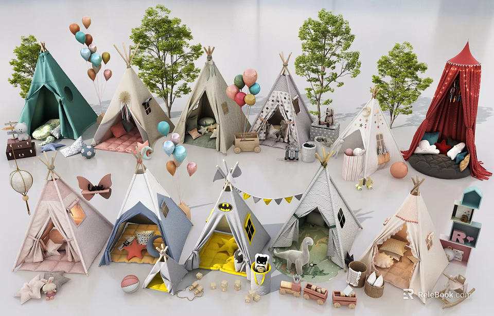 Colorful Kids Outdoor Play Canopy With Tepees Balloons Green Trees And Toys 3d model 