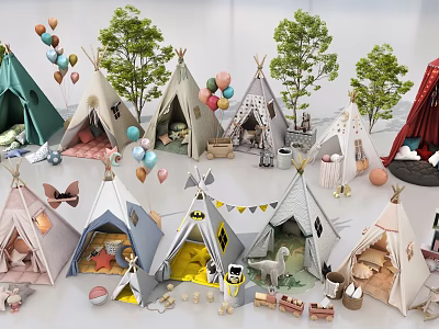 Colorful Kids Outdoor Play Canopy With Tepees Balloons Green Trees And Toys 3d model