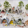 Colorful Kids Outdoor Play Canopy With Tepees Balloons Green Trees And Toys