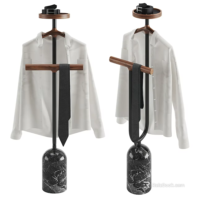 Stylish Clothes Hanger With White Shirt Black Tie And Marble Base Wooden Rod 3d model 