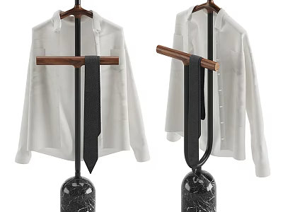 Stylish Clothes Hanger With White Shirt Black Tie And Marble Base Wooden Rod 3d model