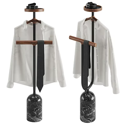 Stylish Clothes Hanger With White Shirt Black Tie And Marble Base Wooden Rod 3d model
