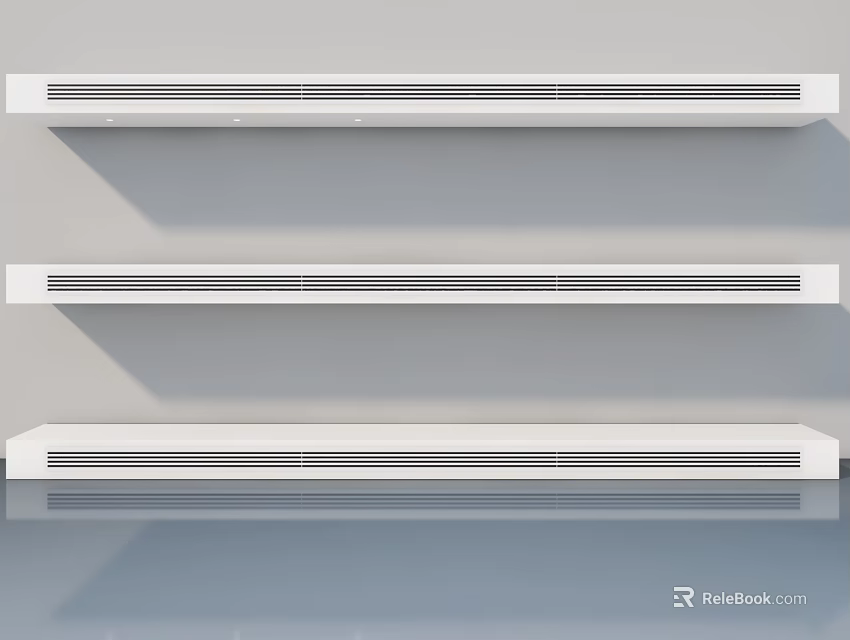 Three White Hinged Doors Mounted On Light Gray Wall With Reflective Floor Surface 3d model 