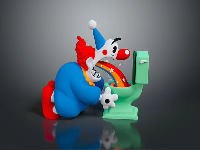 Colorful Clown In Blue Outfit With Red Nose Kneeling By Green Toilet With Rainbow 3d model
