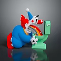 Colorful Clown In Blue Outfit With Red Nose Kneeling By Green Toilet With Rainbow
