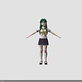 3D School Girl Character With Green Hair Green Eyes In Uniform Standing With Arms Outstretched
