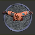 3D Muscular Character Red Hair Shoulder Armor Blue Tattoos Blue Pants Red Boots Stone Base