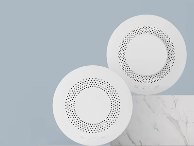 White Circular Commercial Equipment With Perforated Design On Marble Surface And Light Blue Backdrop 3d model
