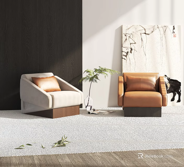 Two Stylish Single Sofas In Light And Brown Tones With Potted Plant And Decorative Painting 3d model 