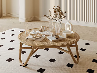 Round Rattan Coffee Table With Vase Candle Books And Glasses On Black White Square Rug 3d model
