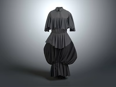 Fashionable Gray Dress Featuring Mid Sleeve Collared Ruffled Layered Skirt Design 3d model