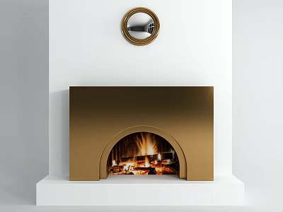 Golden Modern Fireplace With Arched Opening And Burning Fire Below Round Mirror 3d model