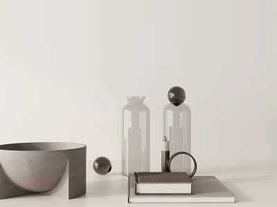 Decorative Ornament Set Featuring Concrete Bowl Glass Vases Marble Sphere And Stacked Books 3d model