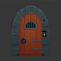 Stone Arch Red Wooden Door With Grilled Window Door Knocker And Lantern