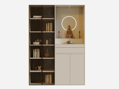 Modern Buddhist Shrine Cabinet With White Doors Dark Shelves Round Light And Decorative Items 3d model