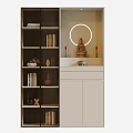Modern Buddhist Shrine Cabinet With White Doors Dark Shelves Round Light And Decorative Items