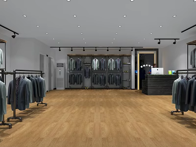 Modern Clothing Store Interior With Spacious Layout Hanging Clothes Racks And Lighting 3d model