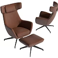 Modern Brown Fabric Armchair With High Backrest Ottoman And Black Metal Legs