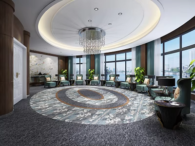 Hotel Public Lounge Area With Circular Design Chandelier Large Windows Green Sofas And Potted Plants 3d model