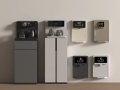 Modern Kitchen Appliances Featuring Floor Standing Tabletop And Wall Mounted Water Dispensers 3d model