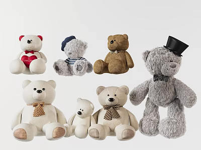 Plush Teddy Bear Dolls With Various Styles And Accessories 3d model