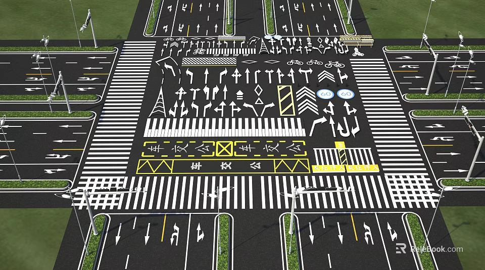 Road Traffic Parking Lot Signage With Arrows Crosswalks And Yellow Markings 3d model 