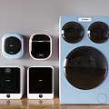 Blue Modern Washing Machine With Colorful Small Home Appliances In Room