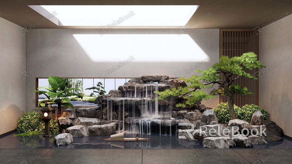 Japanese-style rockery waterscape stone stacked stone Luohan pine landscape stone plant landscaping courtyard sketch model