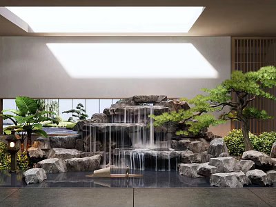 Rockery Stones With Cascading Waterfall And Decorative Green Plants In Indoor Garden Setting 3d model