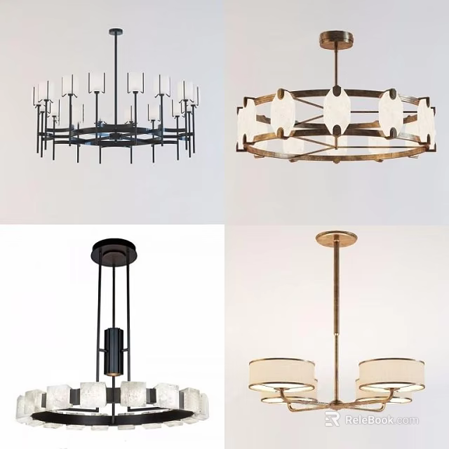 Modern Chandelier Designs Featuring Geometric Frames Metal Structures And White Shades 3d model