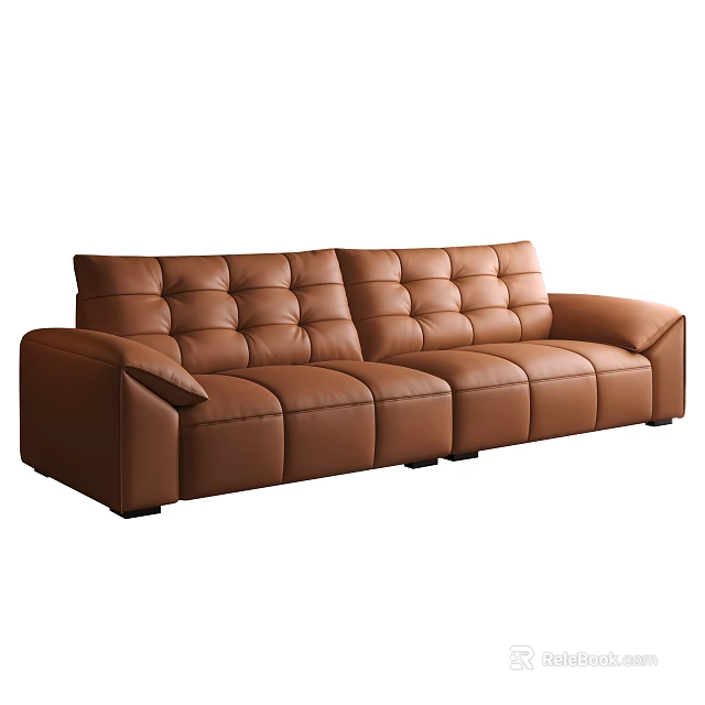 Comfortable Brown Leather Three Seater Sofa With Modern Stitched Design 3d model