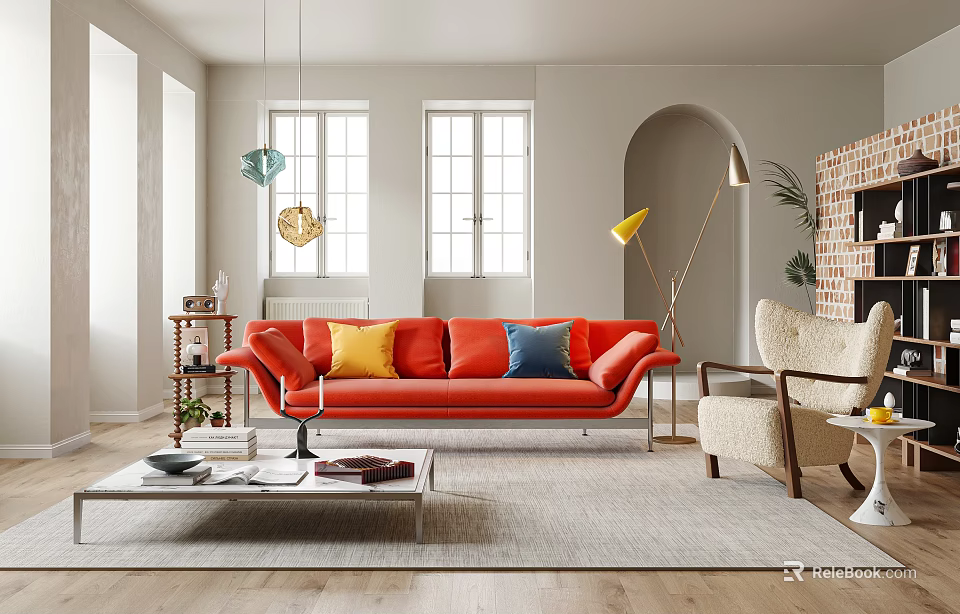 Modern Living Room Interior With Orange Sofa Armchair Pendant Lights And Area Rug 3d model 