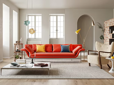 Modern Living Room Interior With Orange Sofa Armchair Pendant Lights And Area Rug 3d model