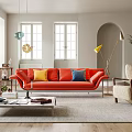 Modern Living Room Interior With Orange Sofa Armchair Pendant Lights And Area Rug