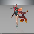 Fantasy Female Character with Phoenix Themed Wings and Flowing Red Orange Scarves in Green Outfit