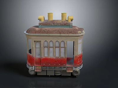 Vintage Tram Model With Red And Beige Body Yellow Chimneys And Windows 3d model