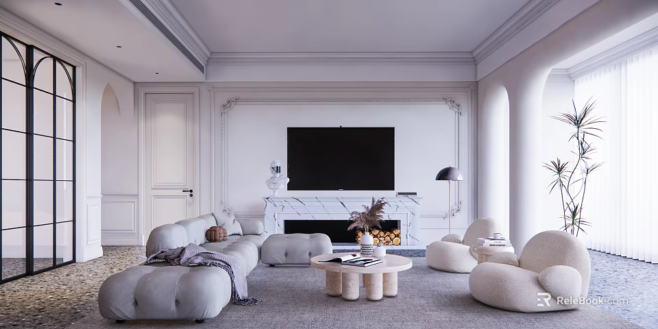Elegant Modern Living Room Interior With Light Gray Sofa TV Marble Fireplace And Coffee Table 3d model