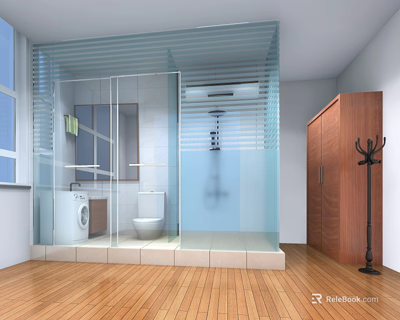 Modern Bathroom Interior With Glass Partition Toilet Washing Machine Wooden Wardrobe And Wooden Flooring 3d model 