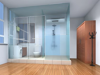 Modern Bathroom Interior With Glass Partition Toilet Washing Machine Wooden Wardrobe And Wooden Flooring 3d model