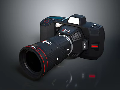 Professional Black Camera With Large Lens Red Accents Flash And Control Buttons 3d model