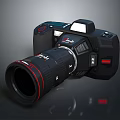 Professional Black Camera With Large Lens Red Accents Flash And Control Buttons
