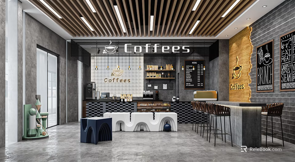 Modern Coffee Shop With Wooden Ceiling Bar Counter White Seats Coffee Logo And Menu Board 3d model 